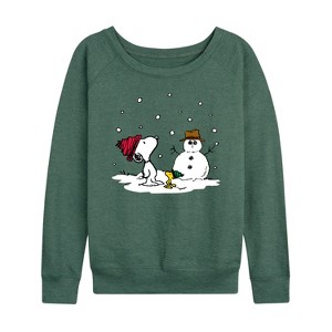 Women's - Peanuts - Snoopy Woodstock Snowman Lightweight French Terry Wide Neck Long Sleeve Shirt - 1 of 4