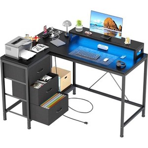 L-Shaped Gaming Desk with LED Lights & USB Hub - 4 Outlets, 3 Drawers, Adjustable Monitor Stand, Home Office Computer Desk - 1 of 4