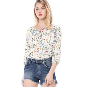 Allegra K Women's Bow Tie Round Neck 3/4 Raglan Sleeve Floral Blouse - 1 of 4