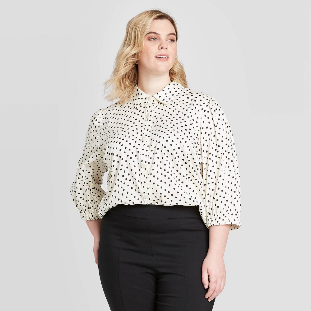 Women's Plus Size Polka Dot 3/4 Sleeve Collared Button-Down Shirt - Who What Wear Black/White 2X, Women's, Size: 2XL was $27.99 now $19.59 (30.0% off)