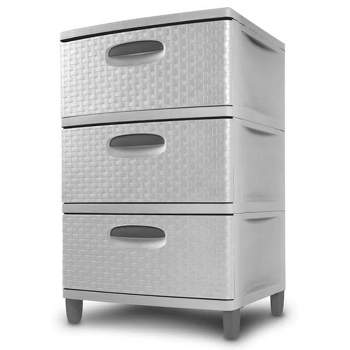 Sterilite 3 Drawer Medium Weave Storage Tower, Plastic Decorative Dresser Drawers to Organize Clothes and Shoes in Bedroom or Closet, Cement