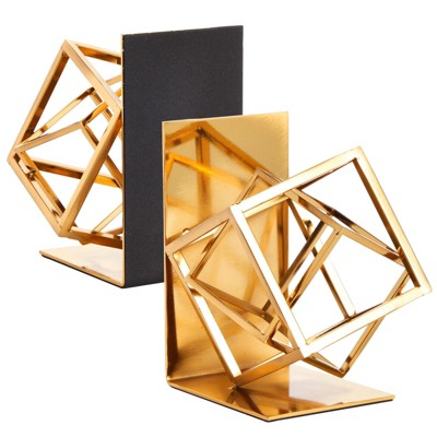 Gold Geometric Metal Bookends with Slip-Resistant Pads