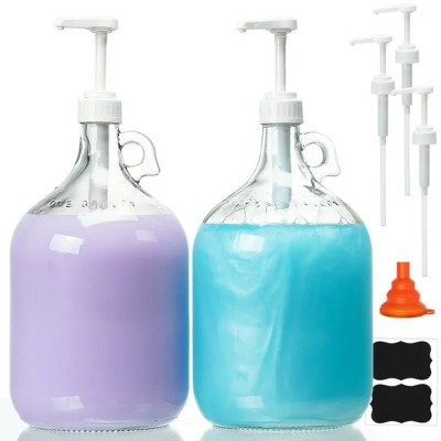 LunaLulinlk 2 Pack 1 gal Kitchen Glass Pump Dispenser Bottle for Laundry Soap 128 oz Clear