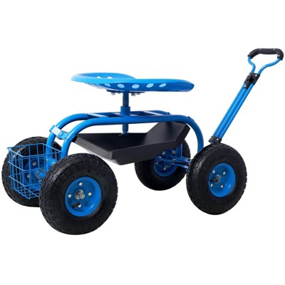 INFURNIC Kick Scooters Rolling Garden Cart with Swivel Seat and Storage Tray for Easy Gardening, Blue, 42.5"*17.7"*22.4"