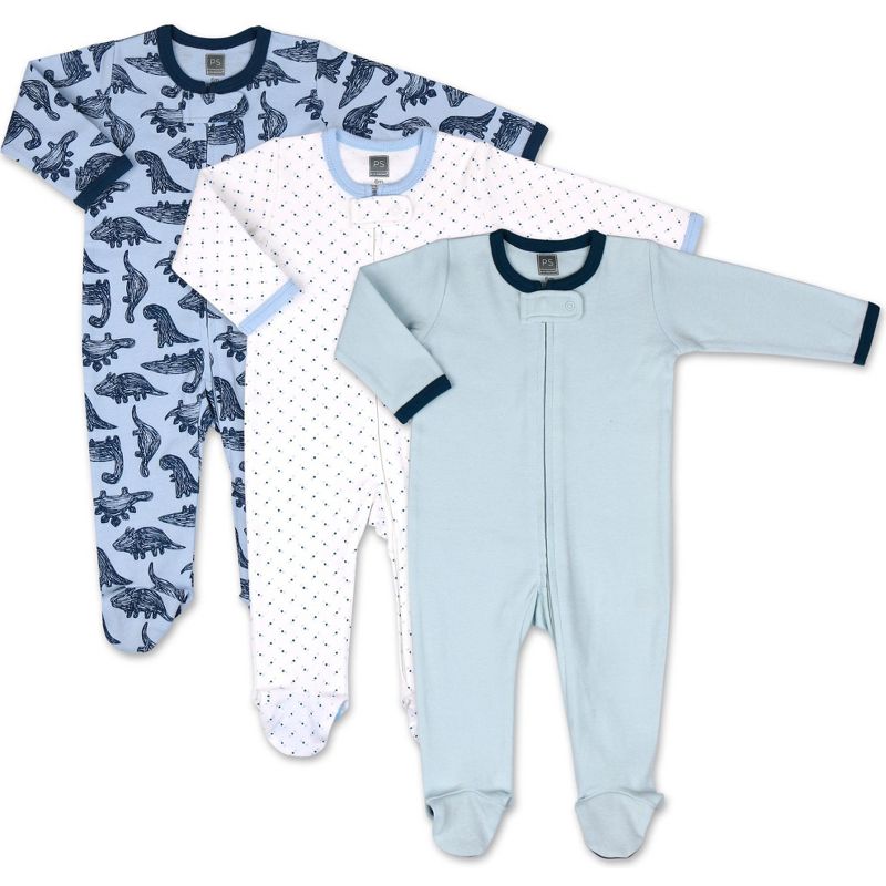 The Peanutshell Unisex Footed Baby Sleepers, Dinos and Dots, 3-Pack, Newborn to 12 Month Sizes, 1 of 6