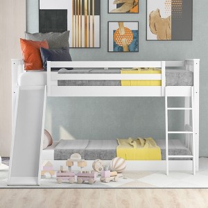 Okak Twin over Twin Solid Wood Bunk Bed with Convertible Slide Loft Bunk Bed with Ladder & Safety Guardrail for Kids Teens, Easy Assemble, White - 1 of 4