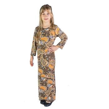 24seven Comfort Apparel Brown Fall Print Girls Long Sleeve Side Slit Maxi Dress