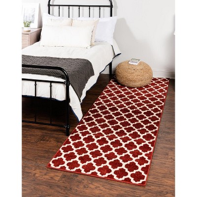 Red and Beige Synthetic Trellis Runner Rug, 6 ft