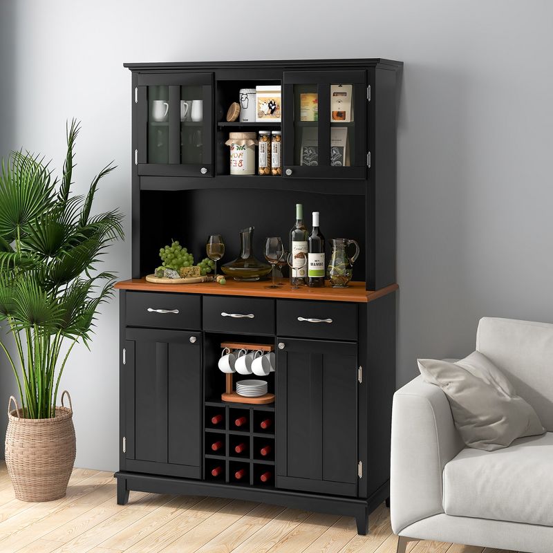 Costway Buffet And Hutch Kitchen Storage Cabinet Cupboard w/ Wine Rack & Drawers Black, 2 of 11
