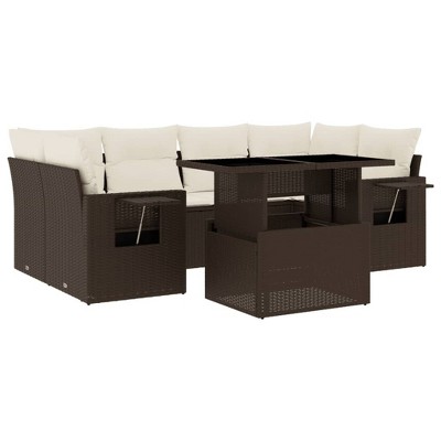 vidaXL Patio Sofa Set with Cushions Outdoor Furniture 7 Piece Poly Rattan - Brown and cream without storage