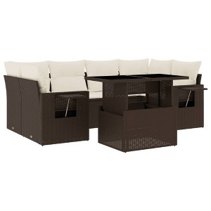 vidaXL Patio Sofa Set with Cushions Outdoor Furniture 7 Piece Poly Rattan - Brown and cream without storage - 1 of 4