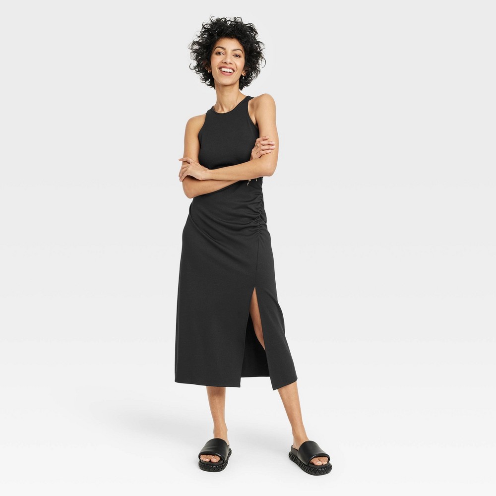 Women's Sleeveless Ruched Ponte Dress - A New Day Black L