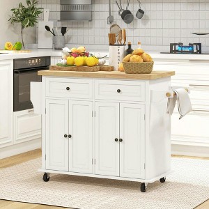 Resenkos Kitchen Island on Wheels, Rolling Cart with Rubberwood Top, Spice Rack, Towel Rack and Drawers, Cream White - 1 of 4