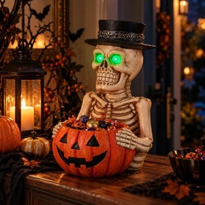 Halloween Skeleton Candy Bowl with LED Glowing Eyes & Top Hat Candle ...