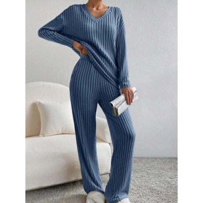 Women's Pajama Sets Long Sleeve 2 Piece Lounge Sets Ribbed Knit Sweater Sleepwear