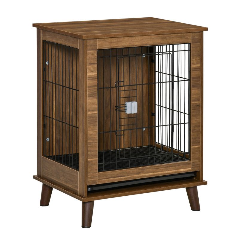 PawHut Wooden Dog Kennel, End Table Furniture with Lockable Doors, Small Size Pet Crate Indoor Animal Cage, Brown, 1 of 7