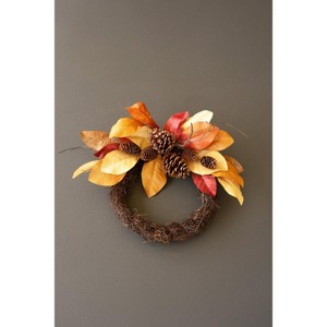 Wreath 5"H, Fall Faux Dried Magnolia Leaves and Pine Cones , Multi-Color Autumn Decor (Pack of 2) By Kalalou - 1 of 4