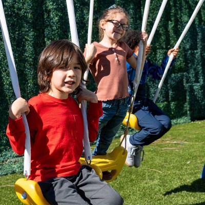 Blue and Yellow Metal Swing Set with Slide and Glider
