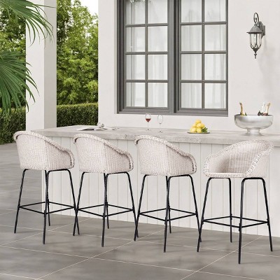 Outdoor PE Rattan Barstools Set of 4,Metal Bar Stools with Armrests and Footrest,UV Resistant Patio Bar Chair for Garden,Balcony-Coolbibila