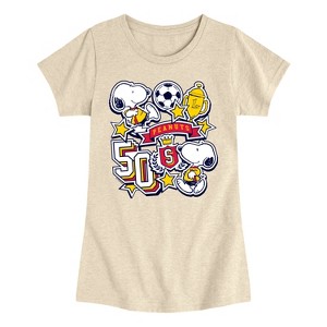 Girls' - Peanuts - Snoopy Soccer Stickers Fitted Short Sleeve Graphic T-Shirt - 1 of 4