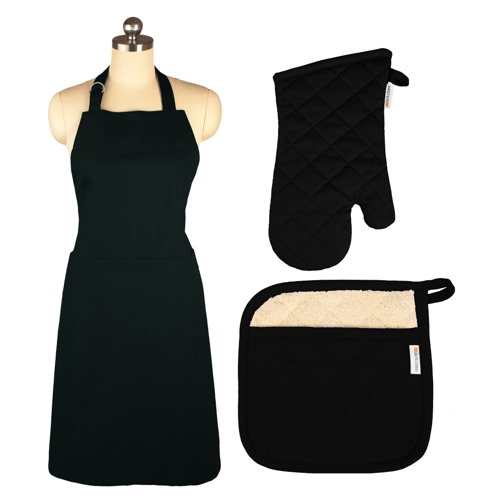 Cooking Apron/Mitt/Pot holder 3pc Set Black - Mu Kitchen: Cotton Herringbone Kitchen Textile Set, Includes Oven Mitt & Pot Holder