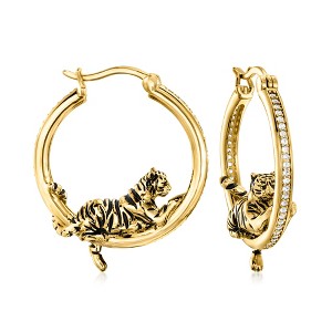 Ross-Simons 0.60 ct. t.w. White Topaz and Black Enamel Tiger Hoop Earrings in 18kt Gold Over Sterling - 1 of 3