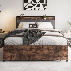 Queen Size Bed Frame: Storage Headboard, Charging Station, 2 Drawers, Stable, Quiet, No Box Spring, Simple Setup, Brown/Gray - 1 of 4