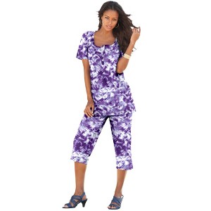 Roaman's Women's Plus Size Printed Henley Capri Set - 1 of 4