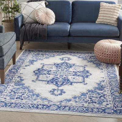 Ivory Blue Floral 4' x 6' Reversible Synthetic Area Rug