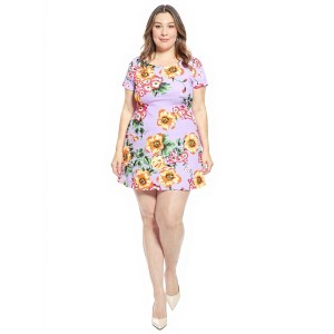 plus size short sleeve mini dress Plus Size Short Sleeve Front Pockets Floral Tunic Mini Dress Yellow / 2X