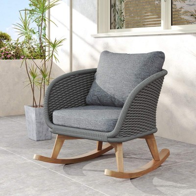 Modern Wicker Rocking Chair with Wood Frame,Indoor Outdoor Rocker with Waterproof Cushion,Lounge Chair for Patio Living Room-Koiai