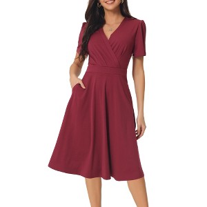 INSPIRE CHIC Women's Summer Wrap V Neck Puff Short Sleeve Midi Swing Dress with Pockets - 1 of 4