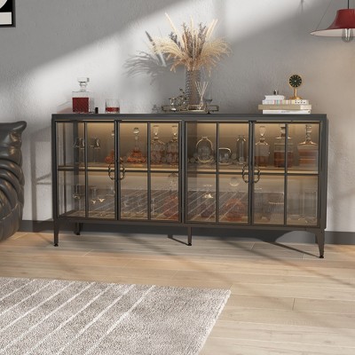 FUFU&GAGA Black Buffet Cabinet Servers Sideboard Organizer Industrial Wine Storage Cabinet with Glass Panels and Wooden Shelves