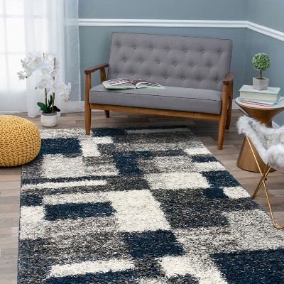 Navy and Gray Rectangular Synthetic Shag Area Rug 7'10" x 10'