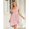 Womens Skater Dresses Sexy V Neck Short Sleeve Tie Waist Solid Ruffle Boho Flowy Swing Mini Dress - 2 of 4