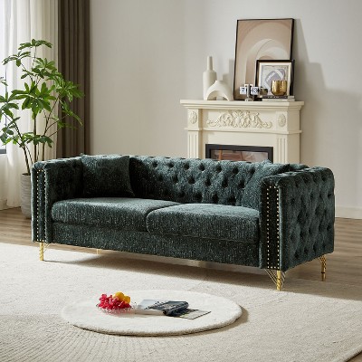 NicBex 82 Inch Chenille Pull Buckle Design Sofa Buttons Tufted With Copper Nail Decoration Armrest for Living Room,Office,Apartment,Green