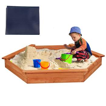 Costway Hexagon Wooden Cedar Sand Box w Seat Boards & Cover & Ground Liner