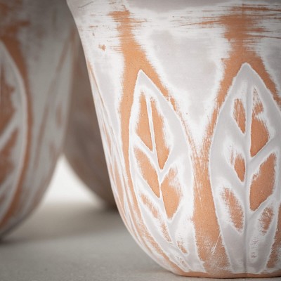 Rustic White and Clay Leaf Patterned Pot Set of 3