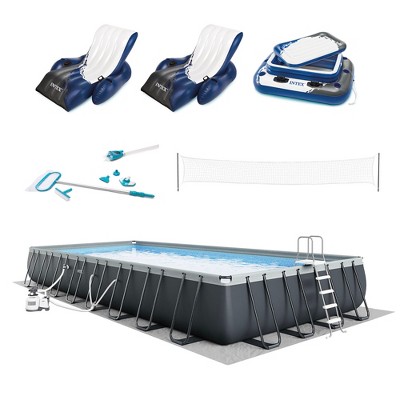 Intex 26377EH  32ft x 16ft x 52in Ultra XTR Frame Above Ground Rectangular Swimming Pool Set with 2 Inflatable Recliner Lounge Chairs and Cooler Float