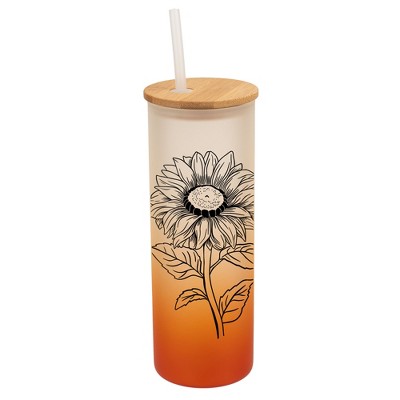 Elanze Designs Joyful Sunflower Orange Frosted Gradient Glass Tumbler with Bamboo Lid & Straw 25 ounce Reusable Iced Coffee or Water Cup