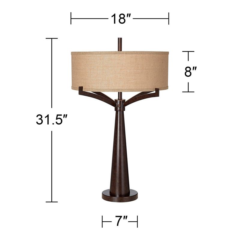 Franklin Iron Works Rustic Farmhouse Table Lamp 31 1/2" Tall with USB Power Outlets in Base Bronze Burlap Drum Shade for Bedroom Living Room Bedside, 4 of 10