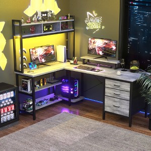 Besiost 60"L Shaped Computer Desk with Hutch, Power Outlets, LED Lights & Storage Drawers - 1 of 3