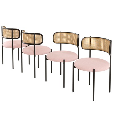 GlasFlength Dining Sets Set of 4, Modern Dining Chairs with Natural Rattan Backrest, Accent Kitchen Chairs with Metal Legs, Pink, 20.5"*20.5"*29.9