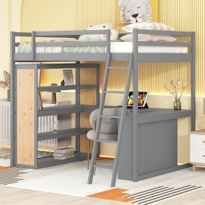 Twin/Full Size Wooden Loft Bed with Ladder, Shelves, a Drawer and Desk, 4L -ModernLuxe - 1 of 4