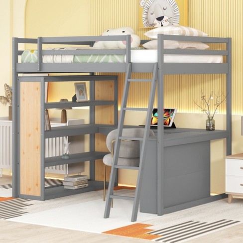 Twin/Full Size Wooden Loft Bed with Ladder, Shelves, a Drawer and Desk, 4L -ModernLuxe - image 1 of 4