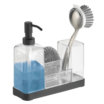 mDesign Plastic Kitchen Sink Countertop Hand Soap Dispenser, Matte Black/Clear