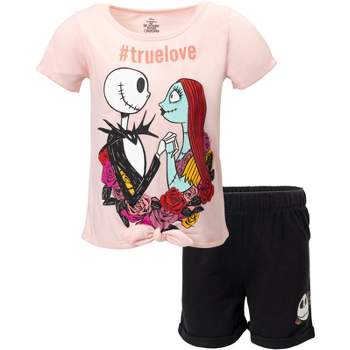 Disney Nightmare Before Christmas Knotted Graphic T-Shirt French Terry Shorts Set Black / Pink 