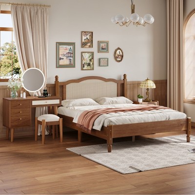 3-Piece Bedroom Set with Queen/Full Size Wooden Bed, 1 Vintage Nightstand and 1 Makeup Vanity Set with Stool 4B - ModernLuxe