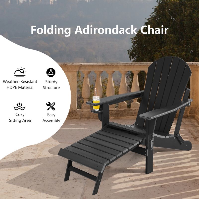 Costway Patio Folding Adirondack Chair HDPE All-Weather Pull-Out Ottoman White\Black\Coffee\Gray\Turquoise, 5 of 10