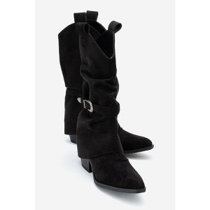 Okus - Black Suede Buckle Block Heel Boot (Women) black 6 Forever & Always Shoes US - 1 of 4
